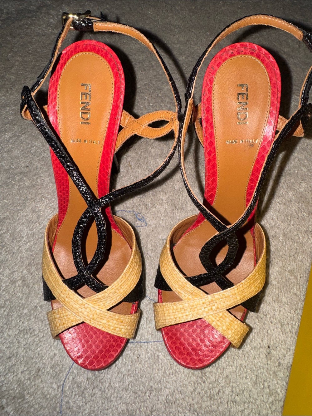 Twisted Red, Black & Tan Strappy High-Heel Sandals